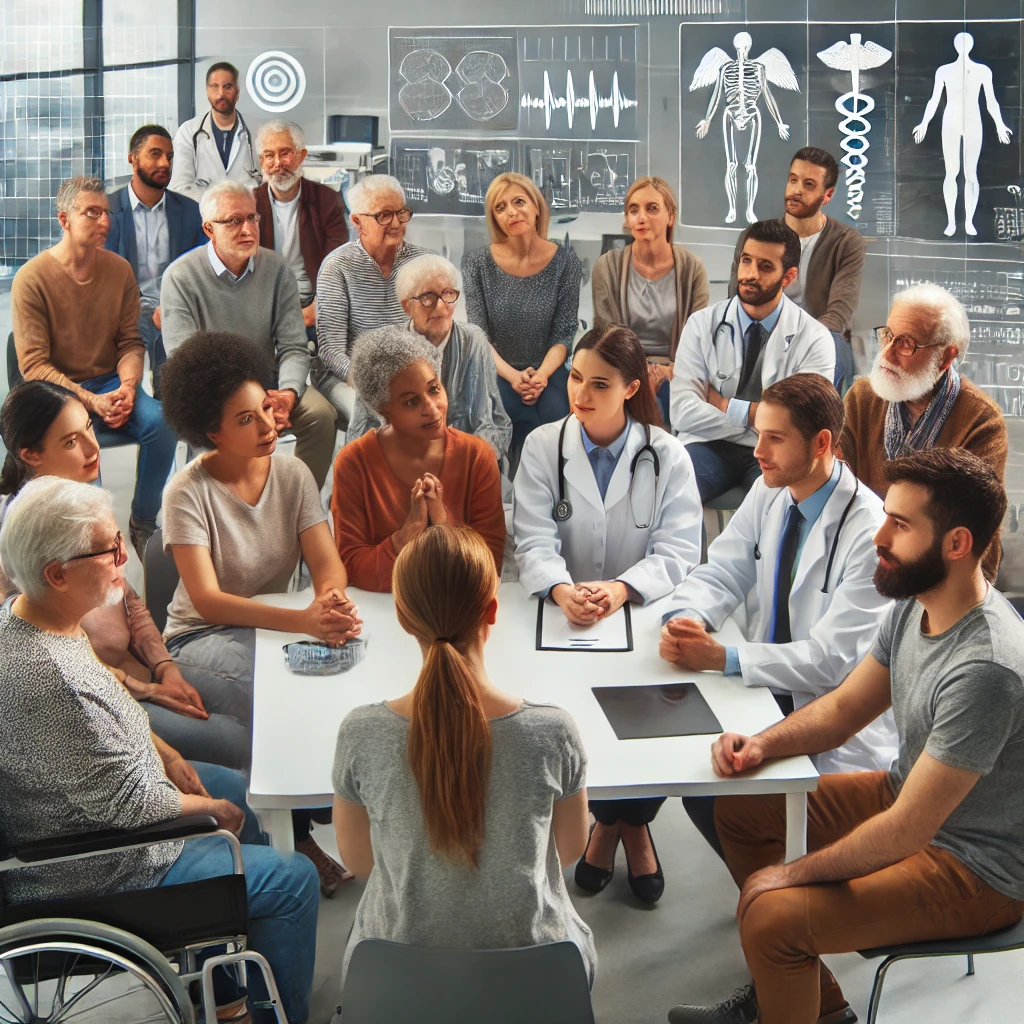 A diverse group of people from various ethnic backgrounds, ages, and genders participating in a clinical trial at a modern medical facility, engaging with healthcare professionals in an inclusive and supportive environment.