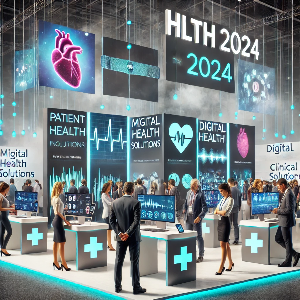 A healthcare conference booth showcasing wearable technology and digital health innovations, with attendees interacting with devices like smartwatches and medical sensors while professionals explain real-time data on screens. Large banners promote patient engagement and clinical trials.